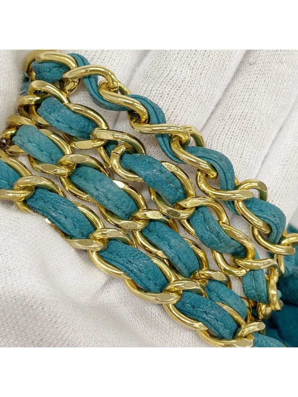 Chanel Shoulder Bag Quilted Suede Turquoise Blue Gold